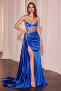 Black, Fuchsia, Teal, Red | Strapless Satin Corset Gown with Sheer Bodice, Rhinestone Appliqué & High Slit  CDCD343