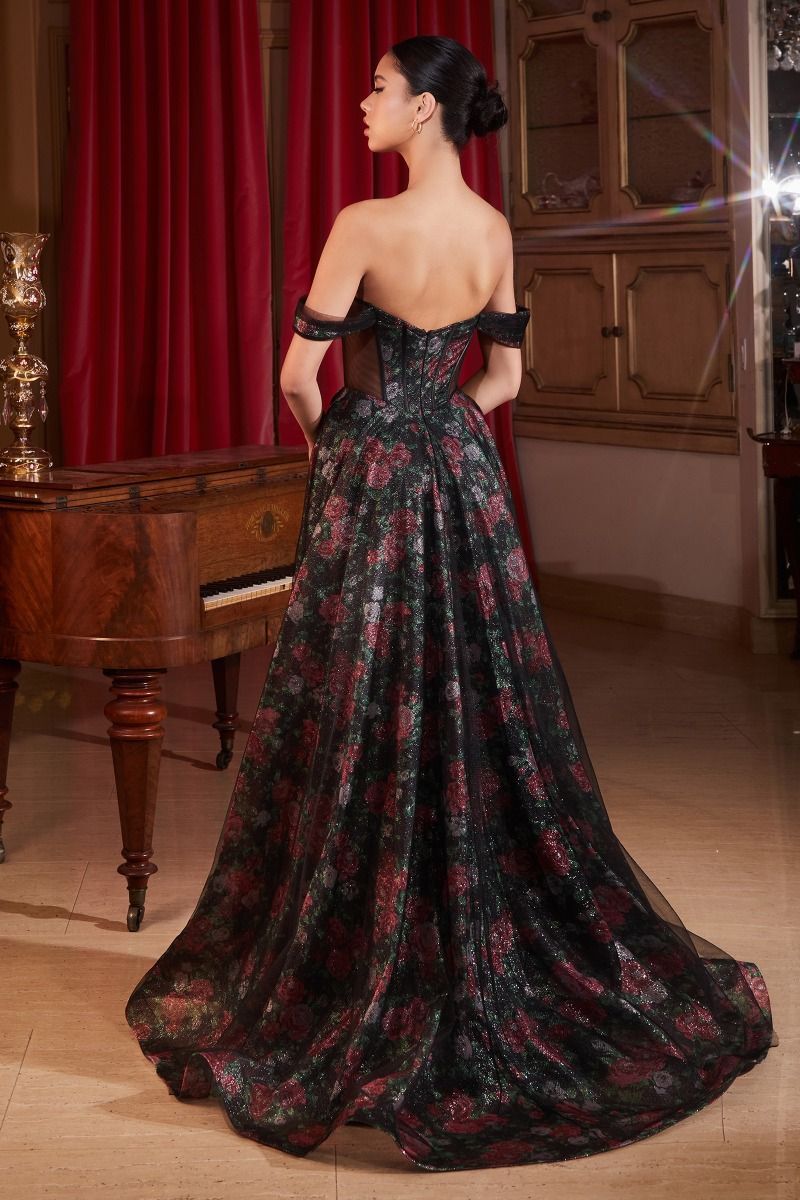 BLACK OFF THE SHOULDER BALL GOWN WITH FLORAL UNDERLAY CDCD806