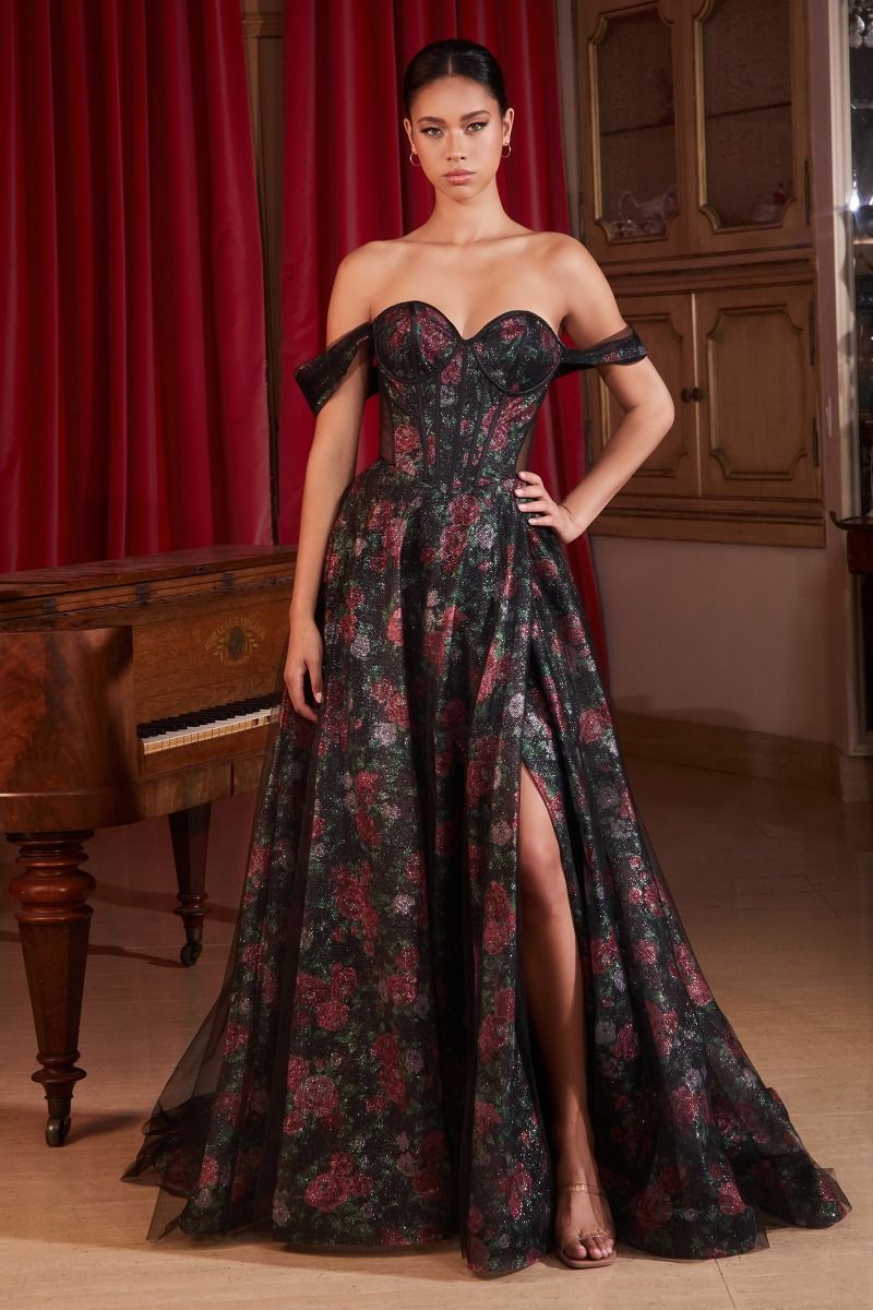BLACK OFF THE SHOULDER BALL GOWN WITH FLORAL UNDERLAY CDCD806