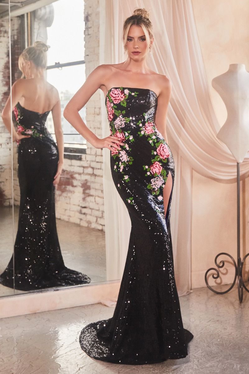 STRAPLESS FLORAL PATTERNED SEQUIN DRESS CDCD811