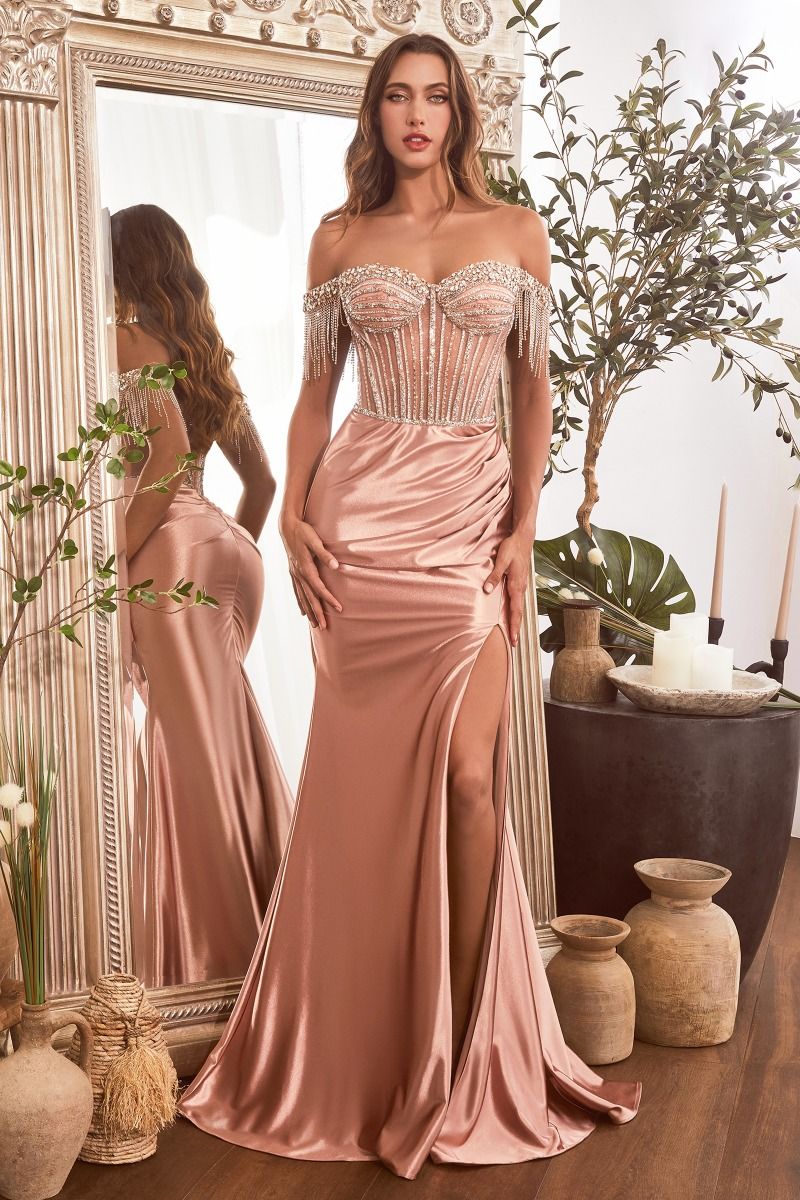 EMBELLISHED OFF THE SHOULDER SATIN GOWN CDCD821