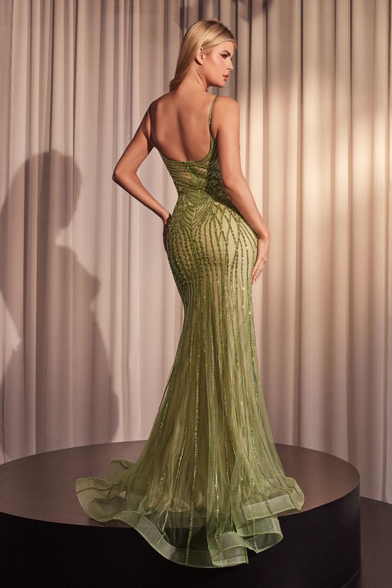 Black, Champagne Nude, Olive Green | Fully Beaded Mermaid Gown with Sweetheart Neckline & Spaghetti Straps  CDCD846