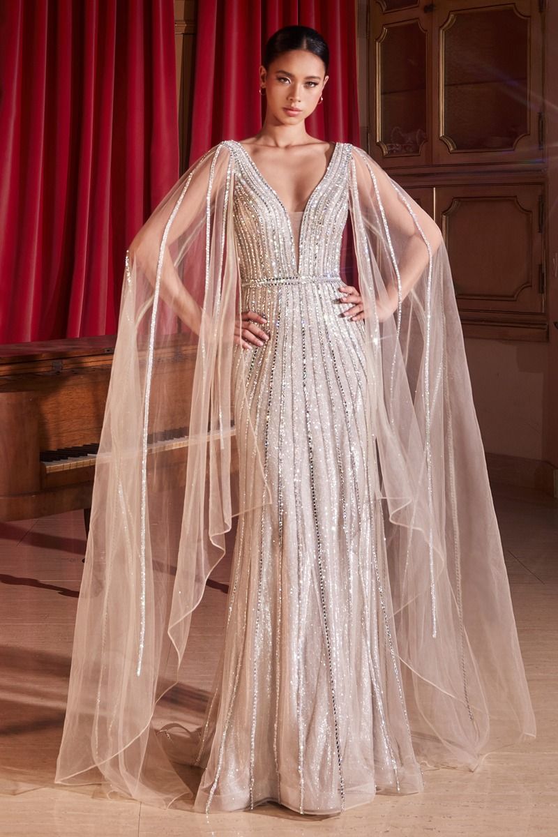 Champagne | Beaded Cape Sleeve Evening Gown with Deep V-Neck  CDCD865