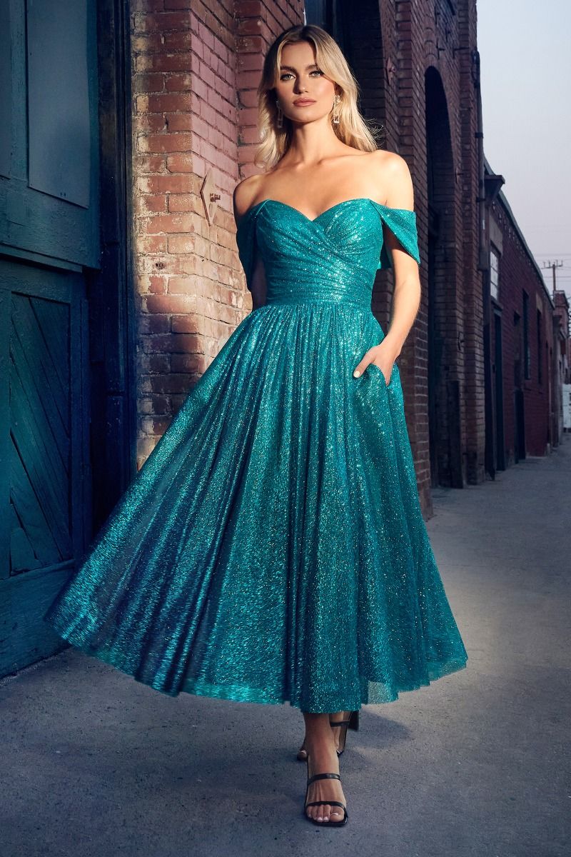 Gold, Teal Off-Shoulder Glitter Tulle Midi Dress with Sweetheart Necklineм  CDCD870