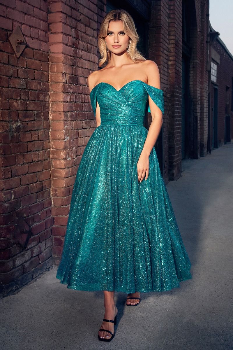 Gold, Teal Off-Shoulder Glitter Tulle Midi Dress with Sweetheart Necklineм  CDCD870