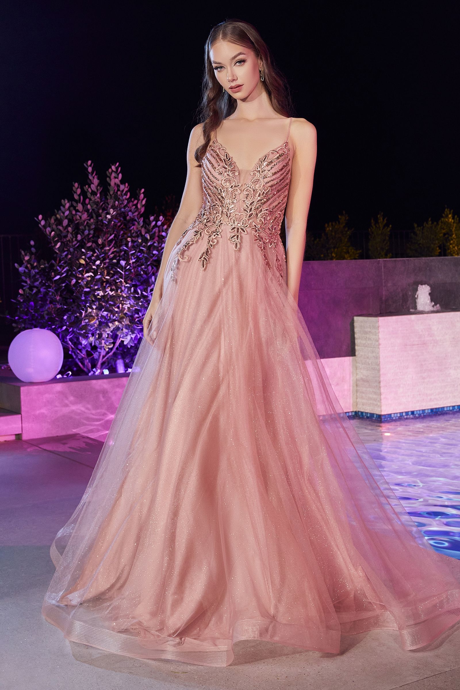 Black |  Blush Pink Glitter Tulle Ball Gown with Spaghetti Straps CDCD874