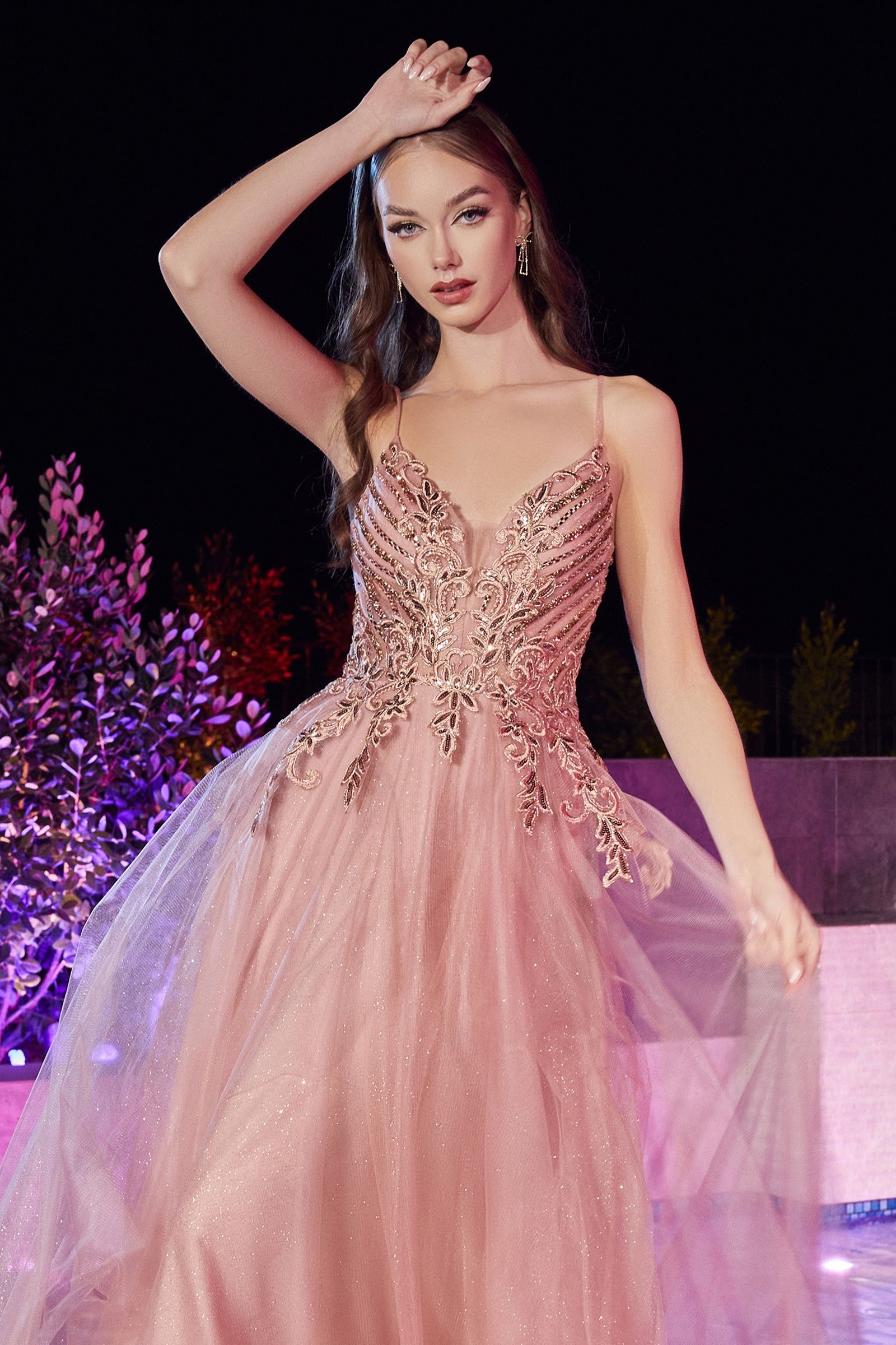Black |  Blush Pink Glitter Tulle Ball Gown with Spaghetti Straps CDCD874