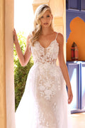 White | Sheer Lace Appliqué Wedding Gown with Spaghetti Straps & Tulle Overskirt  CDCD931W