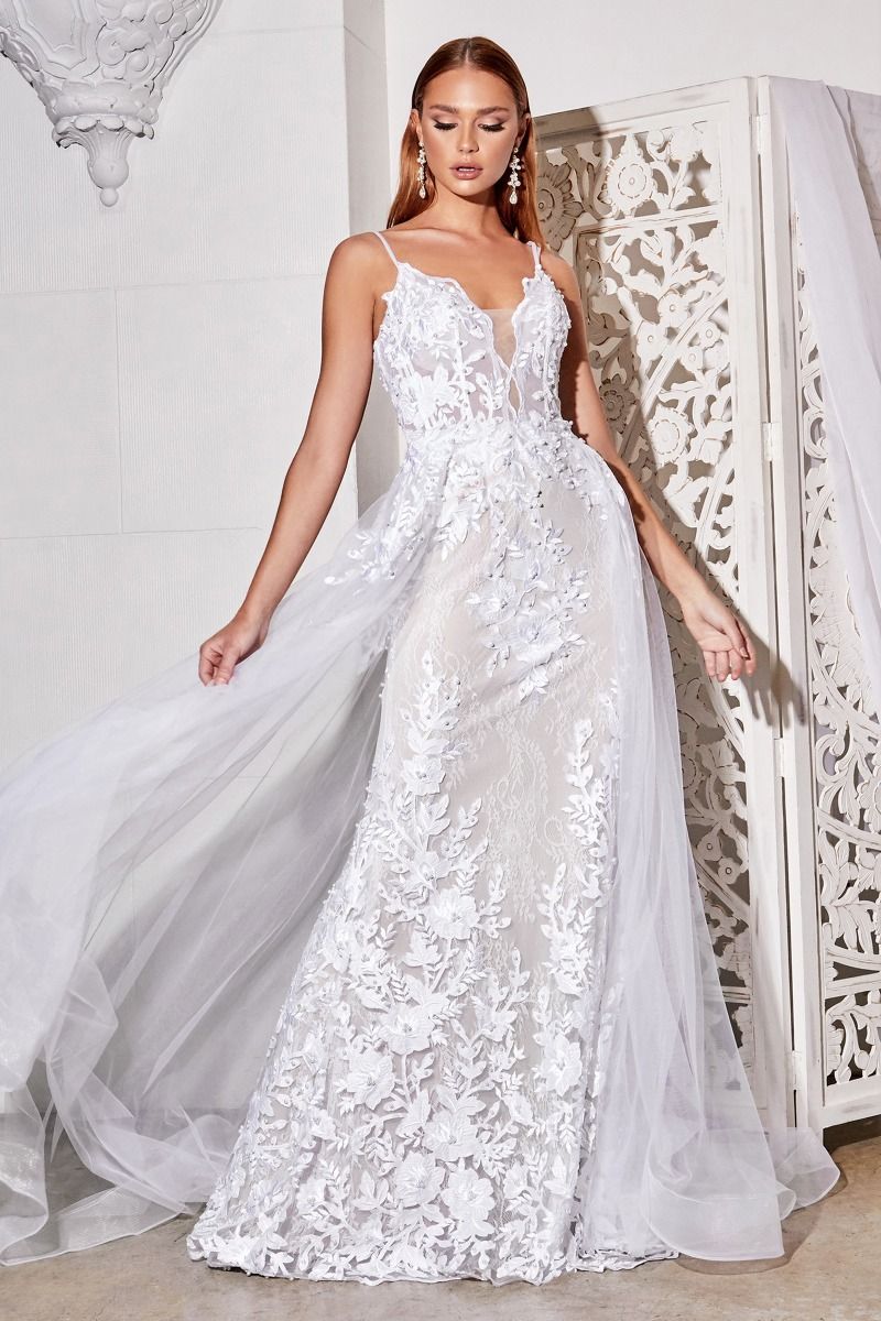White | Sheer Lace Appliqué Wedding Gown with Spaghetti Straps & Tulle Overskirt  CDCD931W