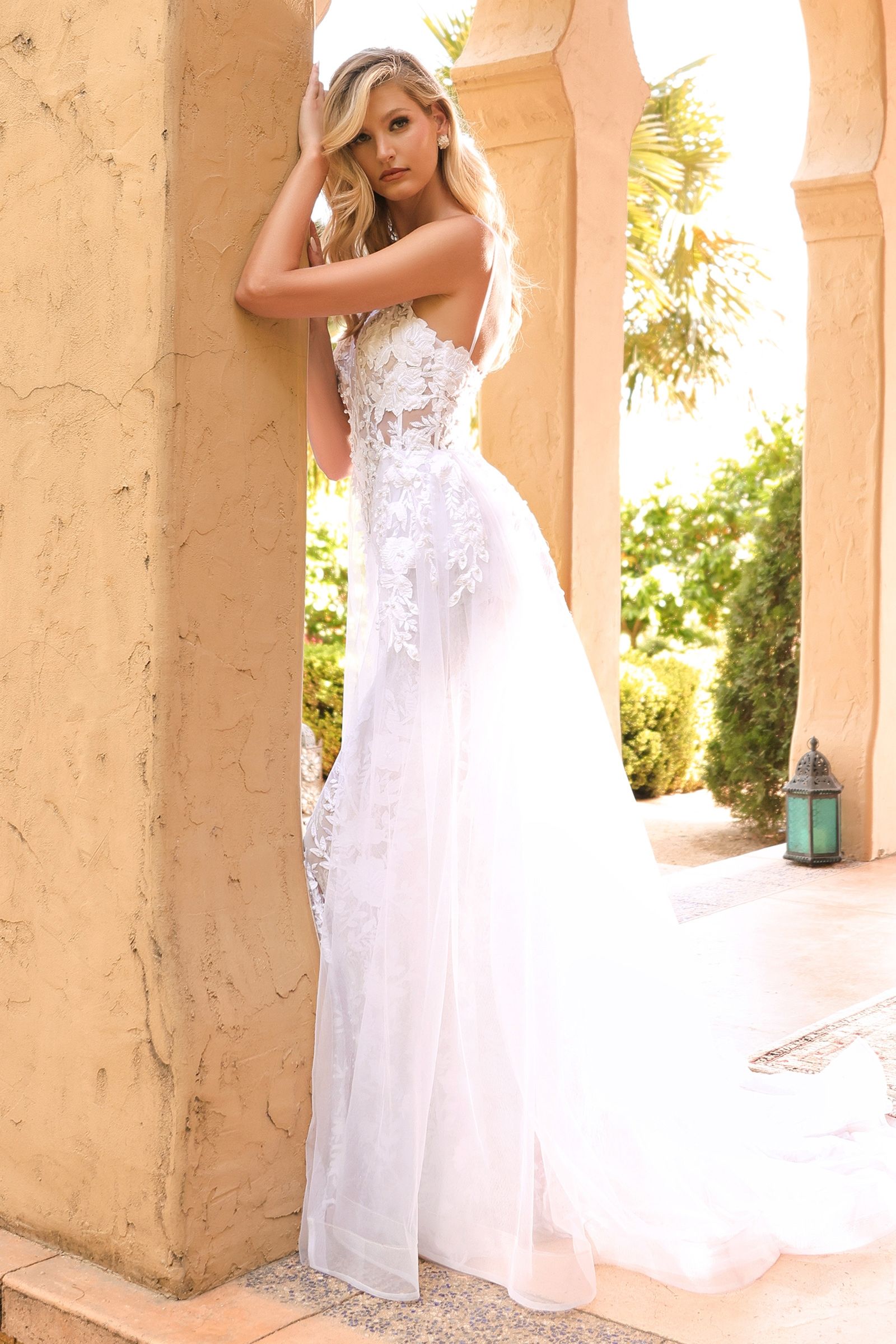 White | Sheer Lace Appliqué Wedding Gown with Spaghetti Straps & Tulle Overskirt  CDCD931W