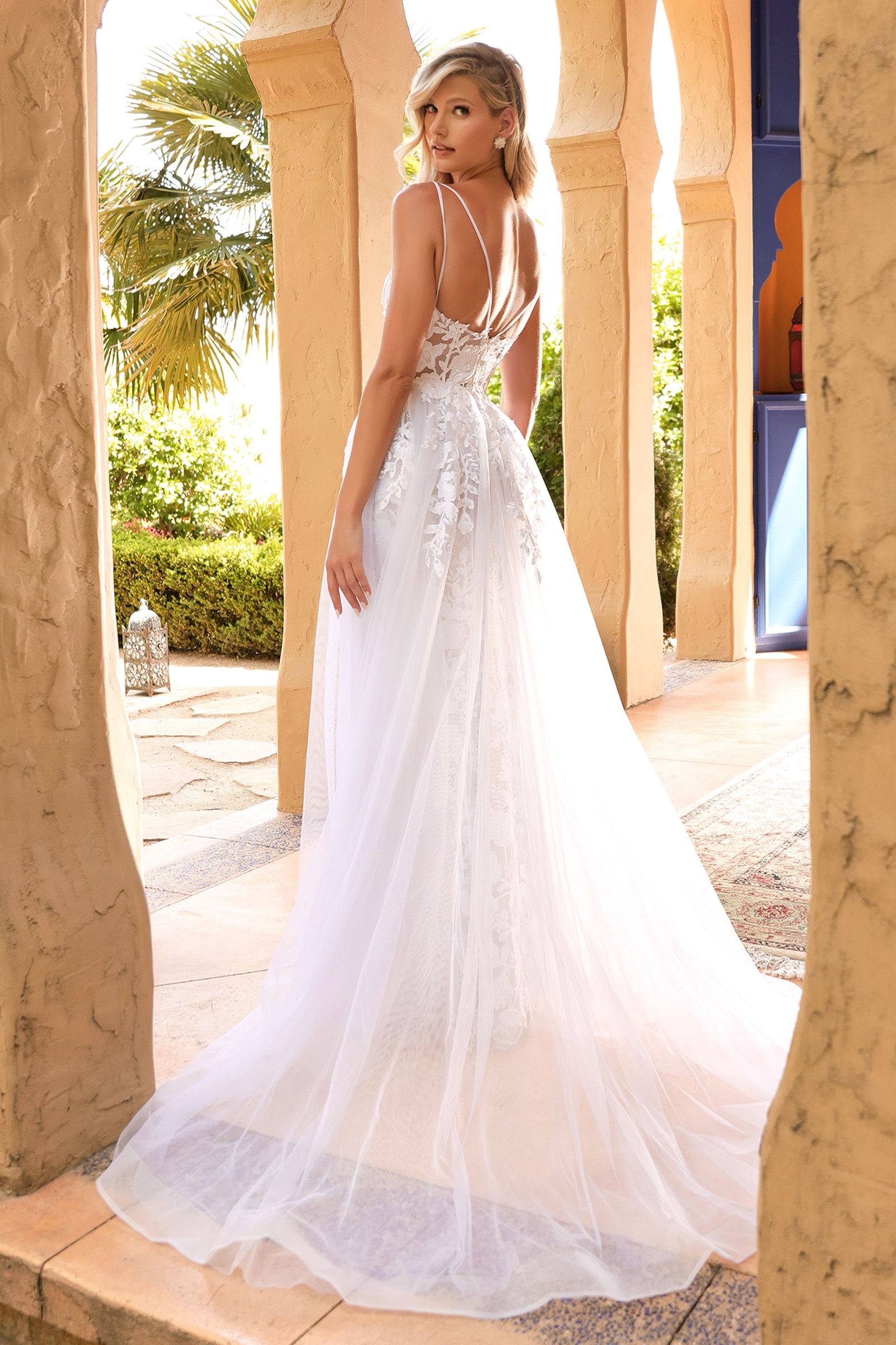 White | Sheer Lace Appliqué Wedding Gown with Spaghetti Straps & Tulle Overskirt  CDCD931W