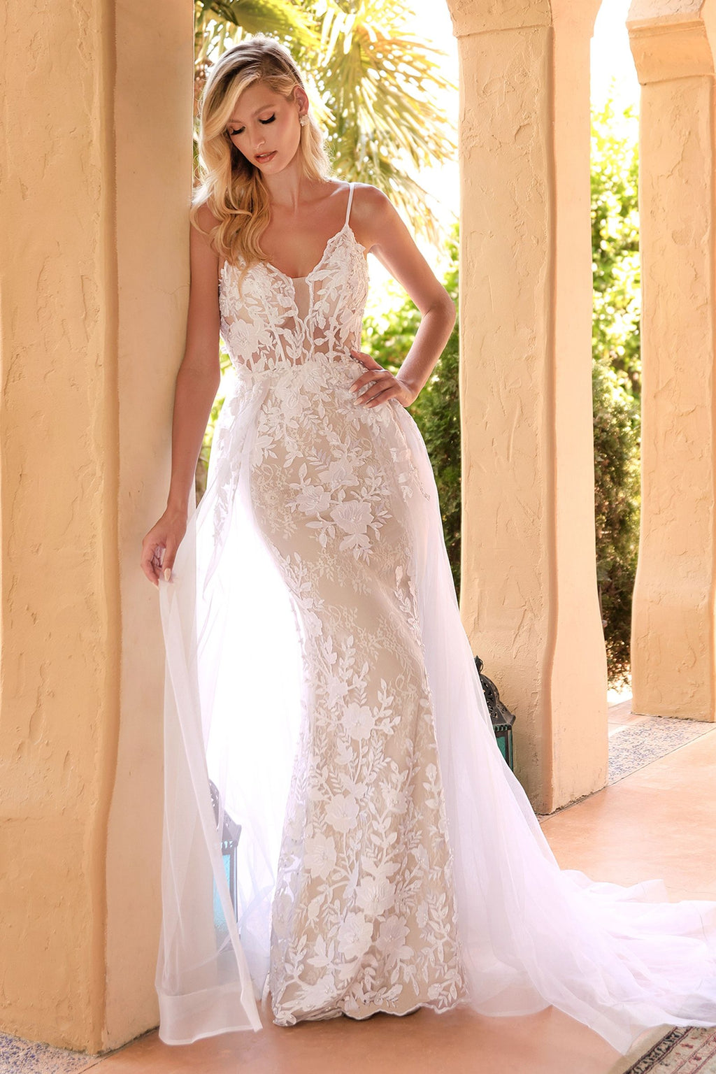 White | Sheer Lace Appliqué Wedding Gown with Spaghetti Straps & Tulle Overskirt  CDCD931W
