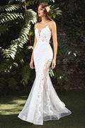 White | Lace Appliqué Mesh Mermaid Gown with Sheer Skirt and Spaghetti Straps  CDCD937W
