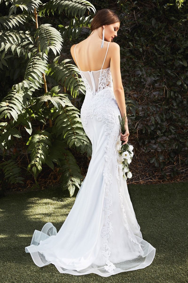 White | Lace Appliqué Mesh Mermaid Gown with Sheer Skirt and Spaghetti Straps  CDCD937W