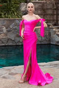 Stretch Jersey Gathered Off or On Shoulder Bodice Leg Slit Long Prom & Bridesmaid Dress CDCD943