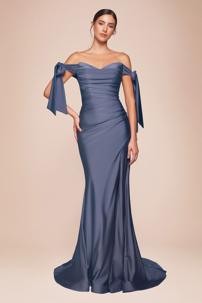 Plus Size Off-Shoulder Ruched Satin Gown with Slit – Curve-Hugging Elegance CDCD943C