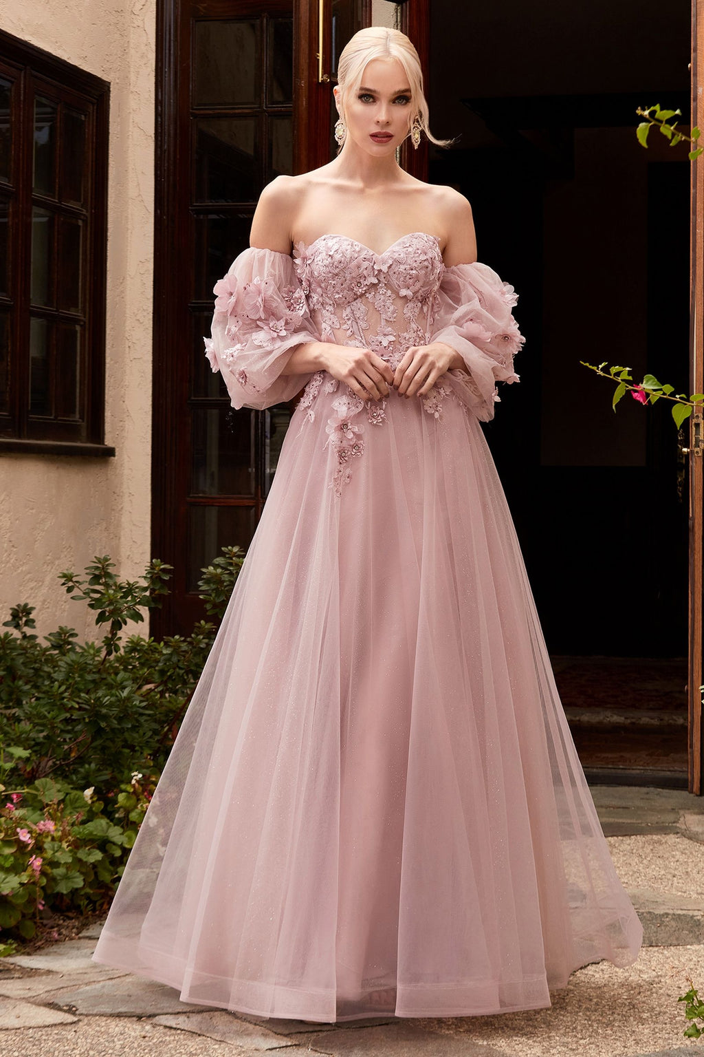 3D Floral Appliqué Off-Shoulder Tulle Gown – Romantic Glitter A-Line Formal Dress  CDCD962