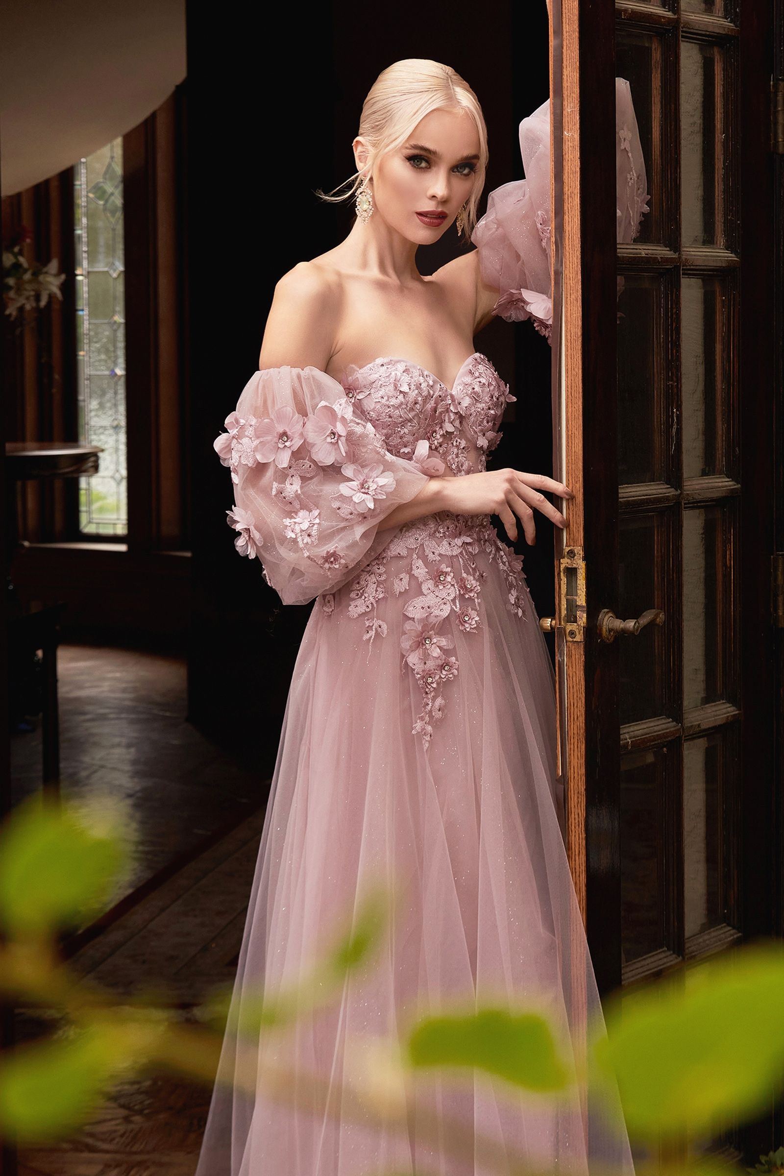 3D Floral Appliqué Off-Shoulder Tulle Gown – Romantic Glitter A-Line Formal Dress  CDCD962