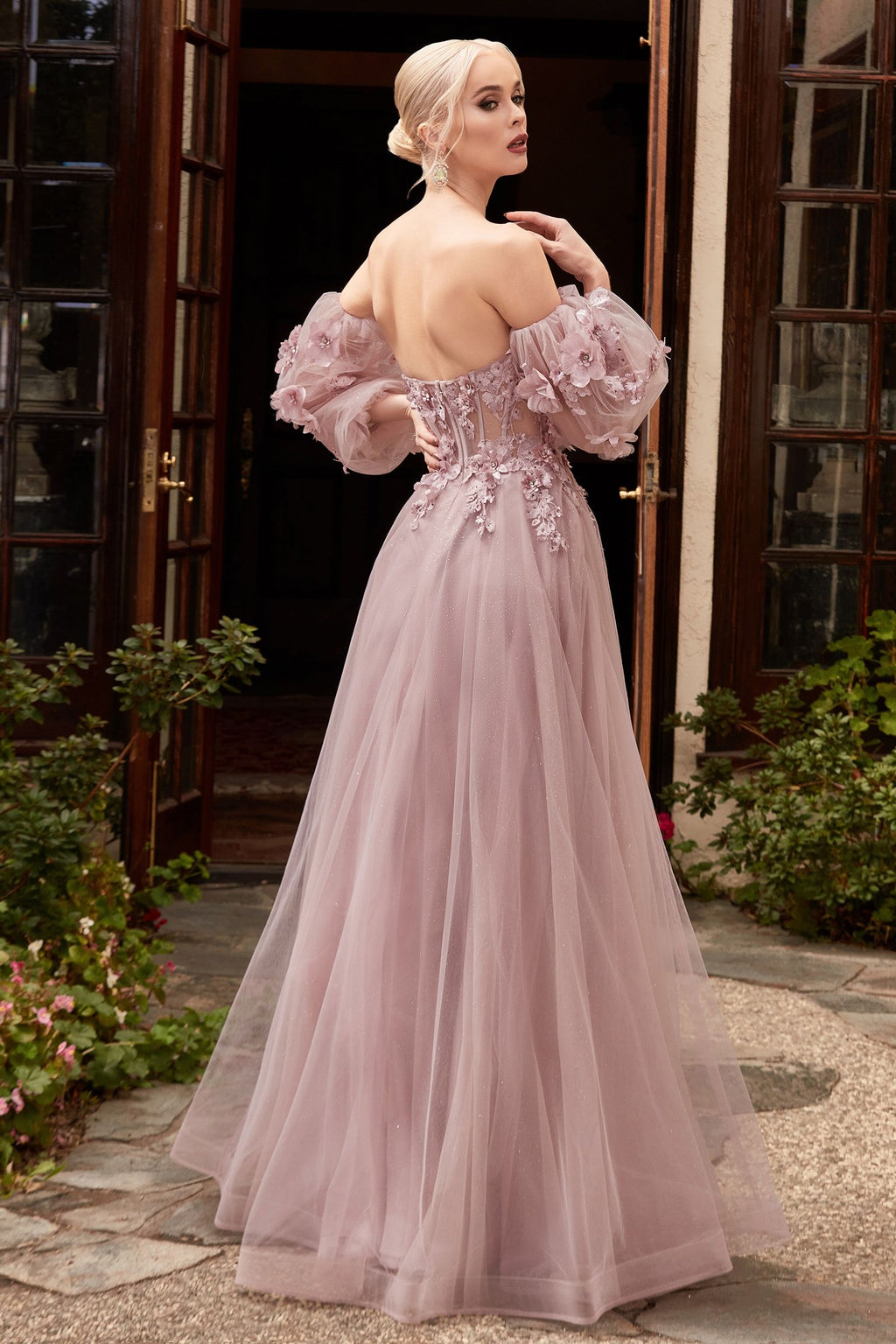 3D Floral Appliqué Off-Shoulder Tulle Gown – Romantic Glitter A-Line Formal Dress  CDCD962