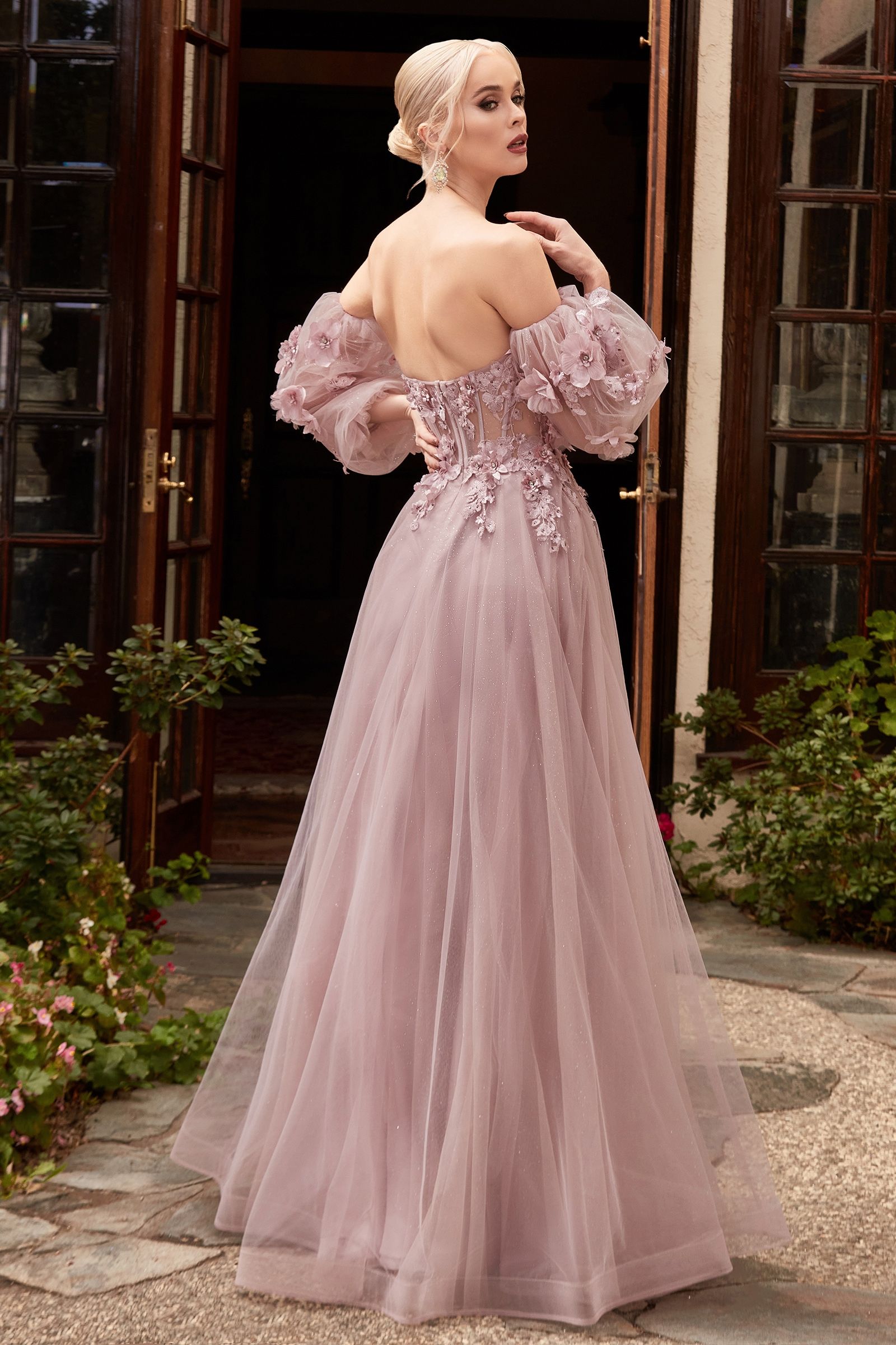 3D Floral Appliqué Off-Shoulder Tulle Gown – Romantic Glitter A-Line Formal Dress  CDCD962