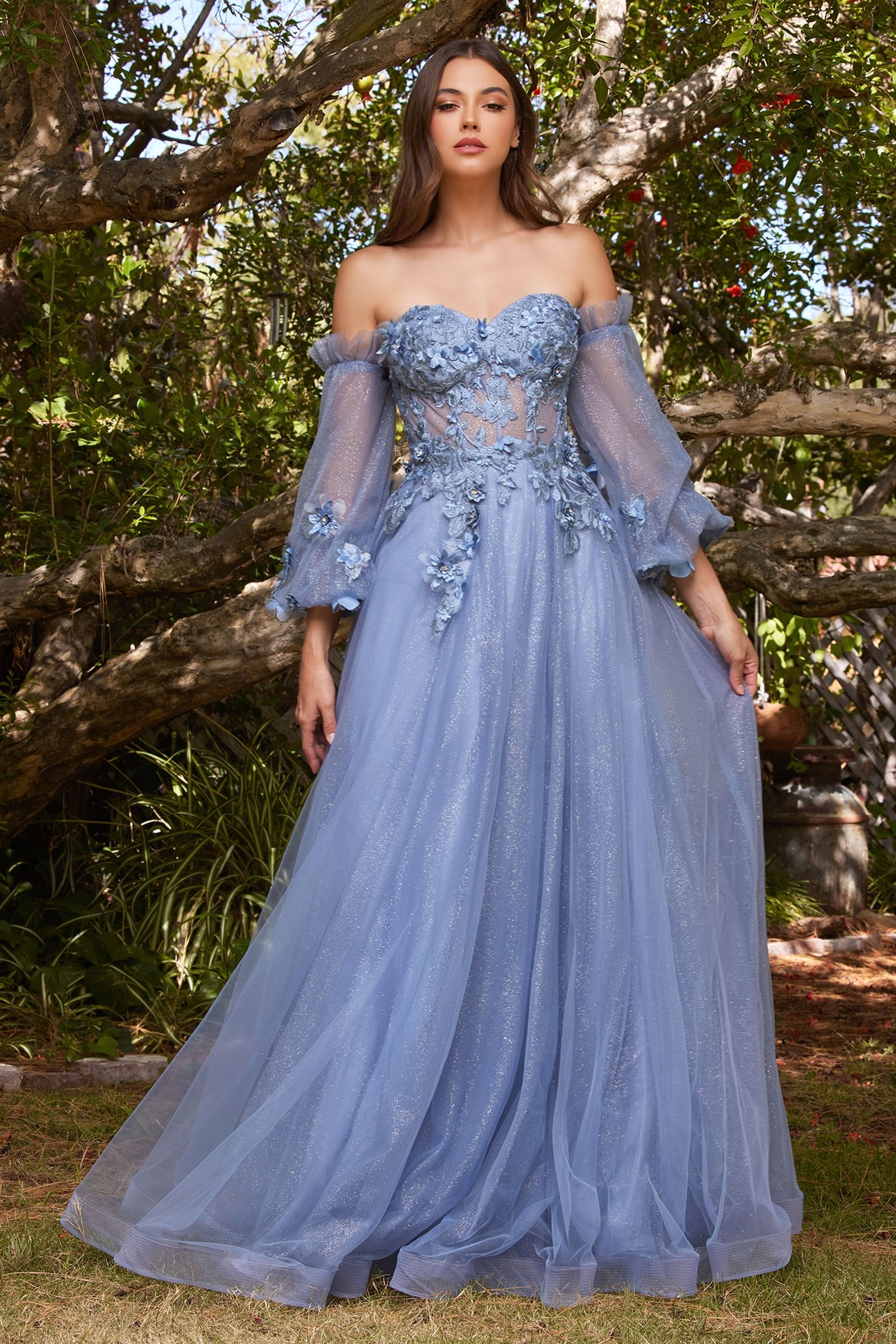 3D Floral Appliqué Off-Shoulder Tulle Gown – Romantic Glitter A-Line Formal Dress  CDCD962