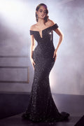Black, Rose Gold, Wine, Emerald | Off-Shoulder Sequin Mermaid Gown with Deep V-NeckCDCD975