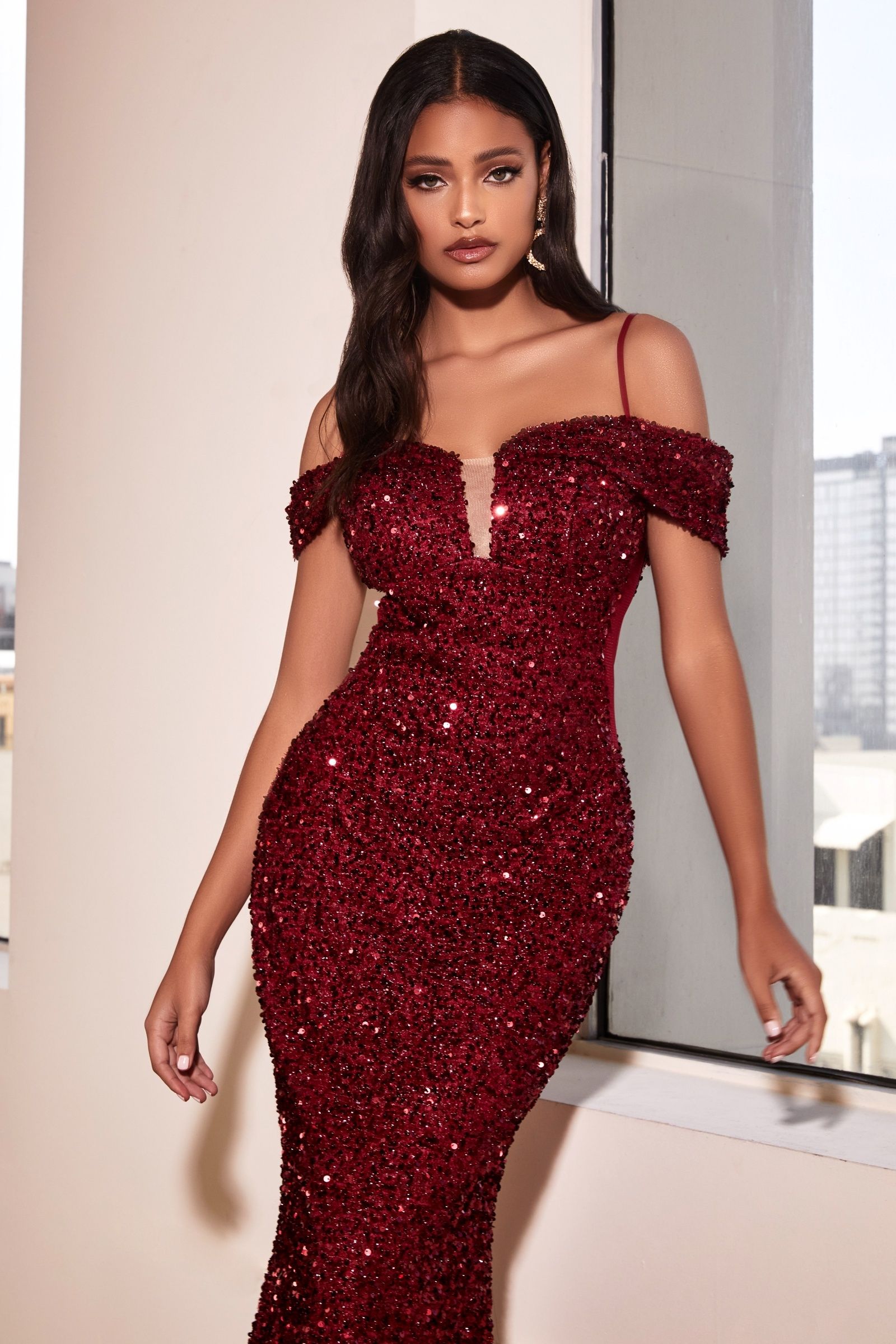 Black, Rose Gold, Wine, Emerald | Off-Shoulder Sequin Mermaid Gown with Deep V-NeckCDCD975