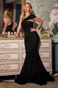 Sequin One Shoulder Mermaid Sparkling Straight Across Flattering Long Prom CDCD980