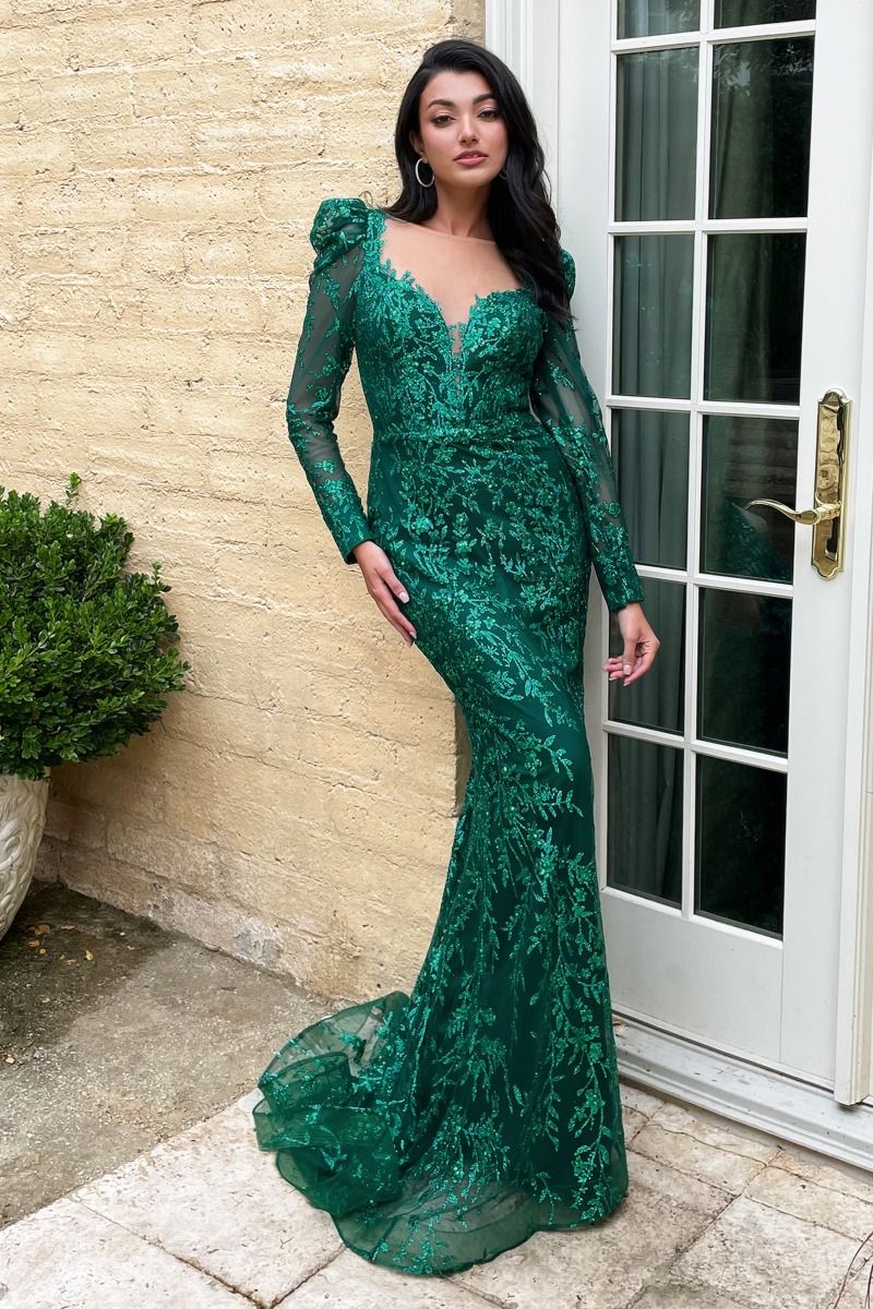Emerald Green & Mauve Long Sleeve Embroidered Gown | Elegant Modest Formal Dress with V-Neckline  CDCD989