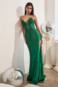 Royal Blue & Black Strapless Corset Gown with Sheer Bodice | Glitter Slit Evening Dress CDCDS419
