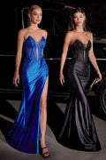 Royal Blue & Black Strapless Corset Gown with Sheer Bodice | Glitter Slit Evening Dress CDCDS419