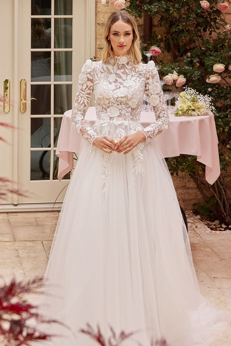 White | Long Sleeve Lace Wedding Gown with High Neck & 3D Floral Appliqué   CDCDS433W