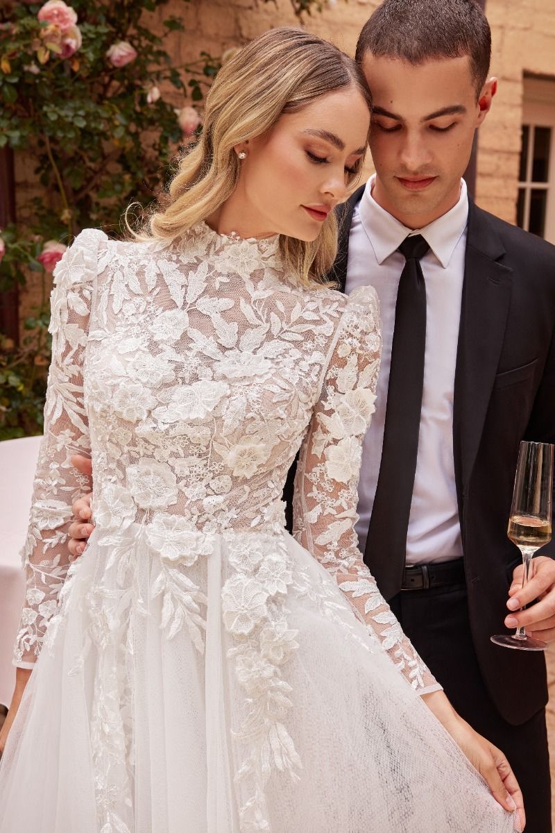 White | Long Sleeve Lace Wedding Gown with High Neck & 3D Floral Appliqué   CDCDS433W