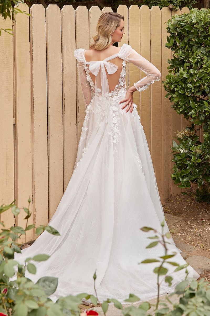 A-Line Open V-Back Removable Sheer Sleeves Long Wedding Dress CDCDS436W