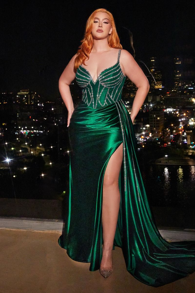 Sky Blue |  Royal Blue |  Emerald Green |  Champagne Plus Size Satin Gown with Beaded Corset & Slit CDCDS440C