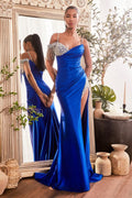 Red, Royal Blue | One-Shoulder Embellished Gown with Beaded Fringe & High Slit  CDCDS449