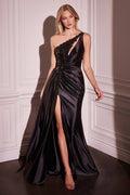 Fuchsia Pink, Black One-Shoulder Satin Gown with Appliqué and Slit CDCDS454