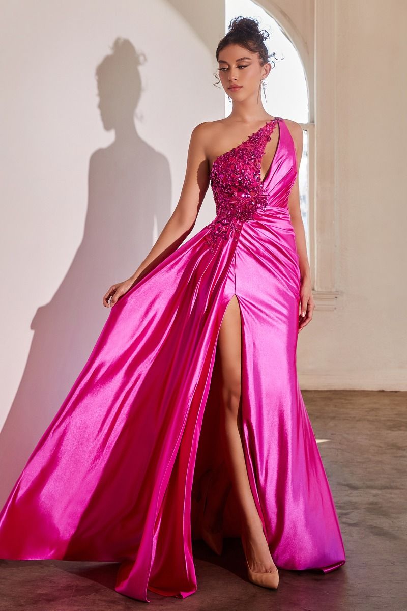 Fuchsia Pink, Black One-Shoulder Satin Gown with Appliqué and Slit CDCDS454