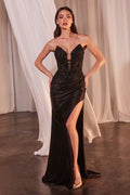 Sky Blue |  Emerald Green |  Red |  Black Strapless Lace Illusion Gown with Slit CDCDS465