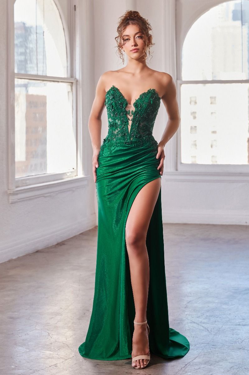 Sky Blue |  Emerald Green |  Red |  Black Strapless Lace Illusion Gown with Slit CDCDS465