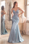 Ice Blue, Orange, Hot Pink | Lace Embroidered Mermaid Gown with Sheer Corset Bodice & Spaghetti Straps CDCDS470