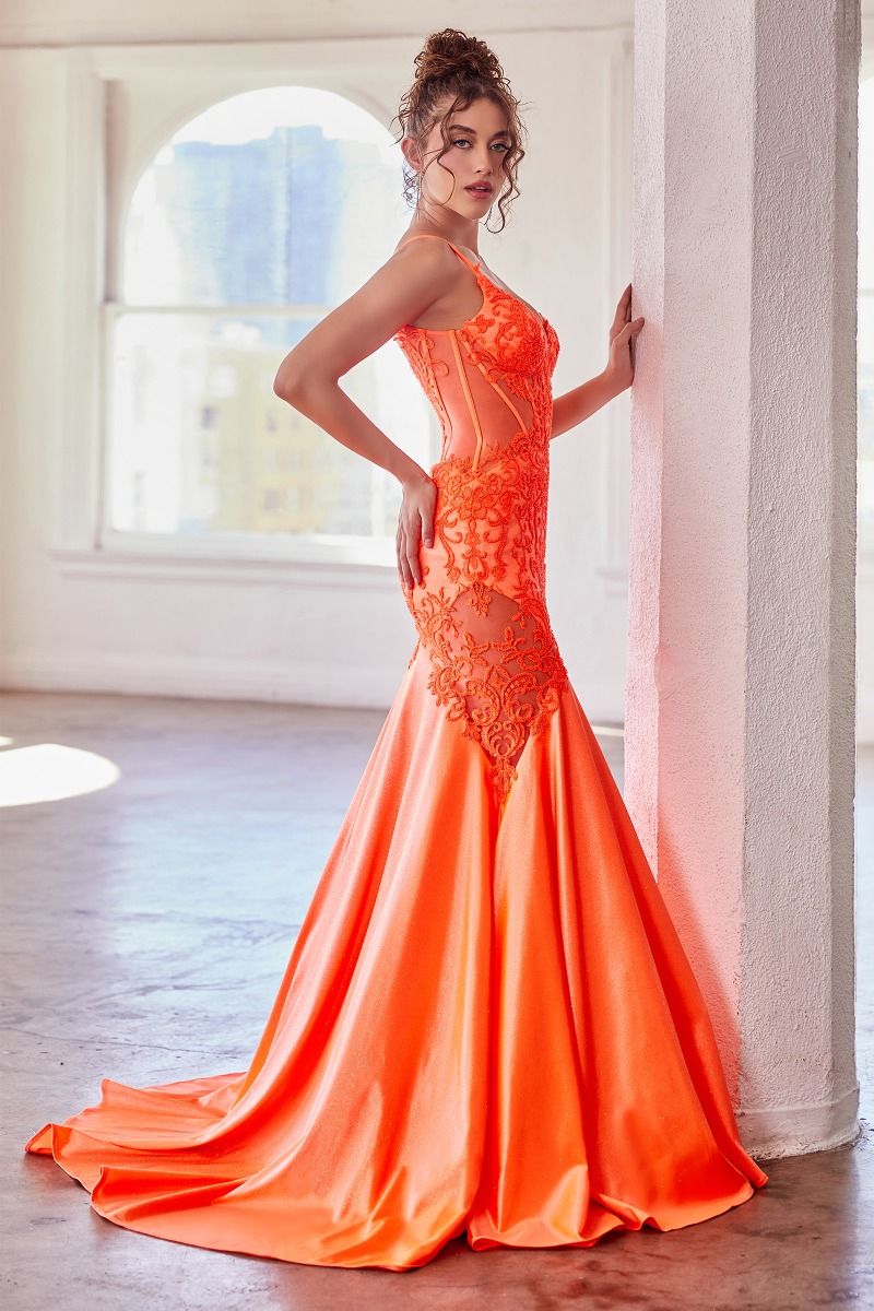 Ice Blue, Orange, Hot Pink | Lace Embroidered Mermaid Gown with Sheer Corset Bodice & Spaghetti Straps CDCDS470