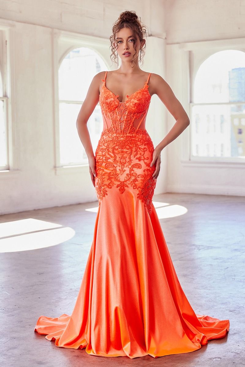 Ice Blue, Orange, Hot Pink | Lace Embroidered Mermaid Gown with Sheer Corset Bodice & Spaghetti Straps CDCDS470