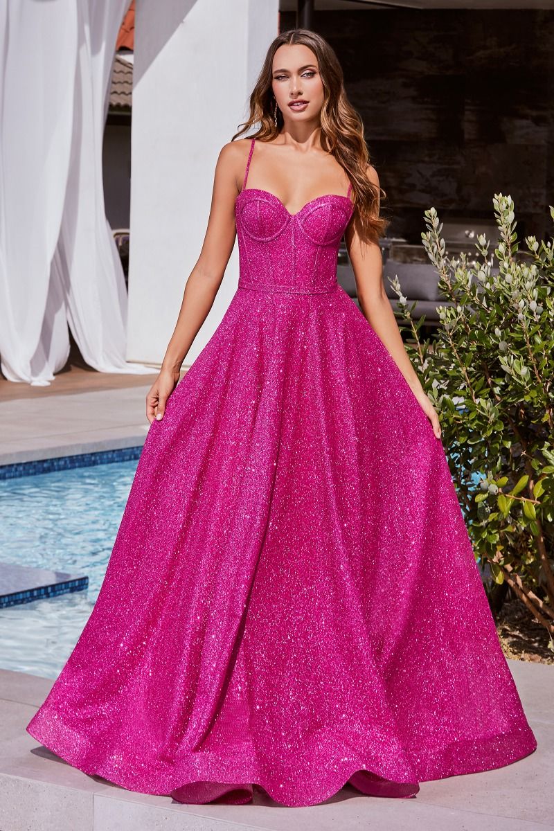 Hot Pink, Sky Blue | Glitter A-Line Gown with Corset Bodice & Spaghetti Straps  CDCDS483