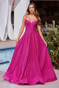 Hot Pink, Sky Blue | Glitter A-Line Gown with Corset Bodice & Spaghetti Straps  CDCDS483