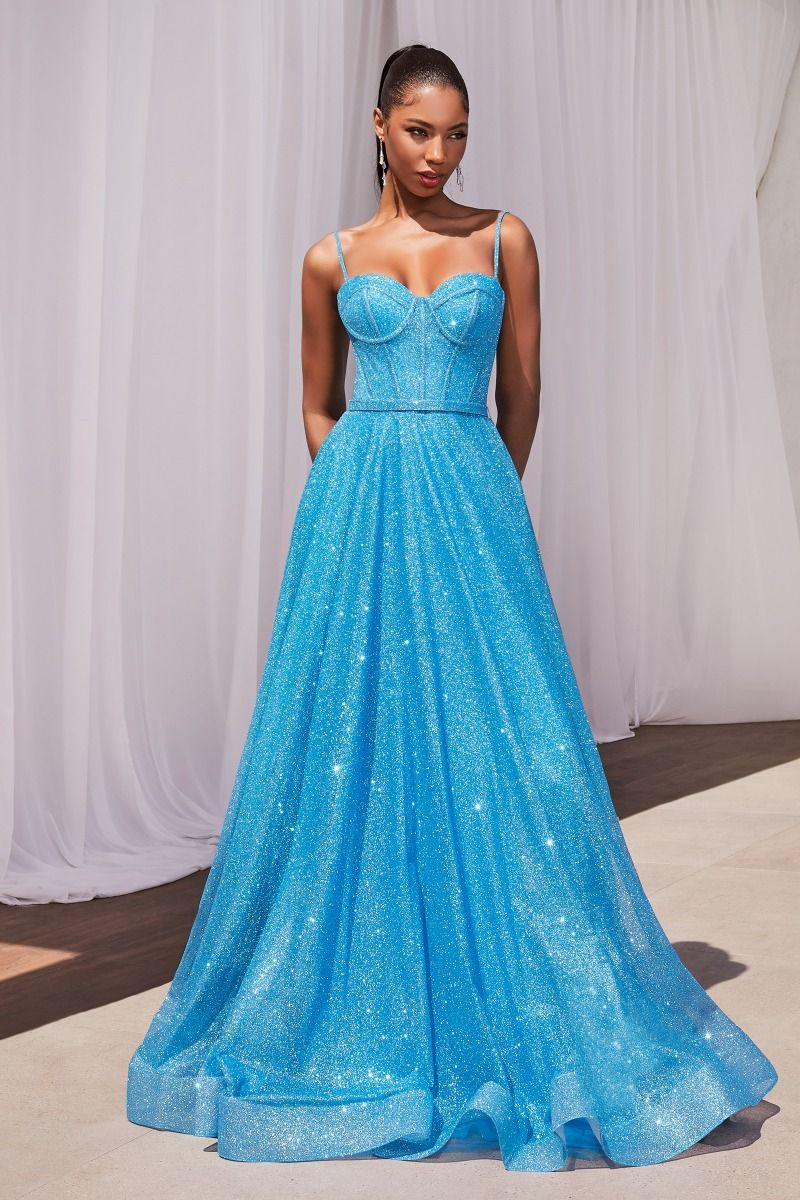 Hot Pink, Sky Blue | Glitter A-Line Gown with Corset Bodice & Spaghetti Straps  CDCDS483