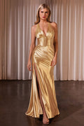 Gold, Slate Blue, Red & Orchid Satin Halter Gown | Deep V-Neck High Slit Formal Dress CDCH048