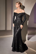 Off-Shoulder Sequin Mermaid Gown with Long Sleeves – Elegant Sparkling Formal Dress CDCH135
