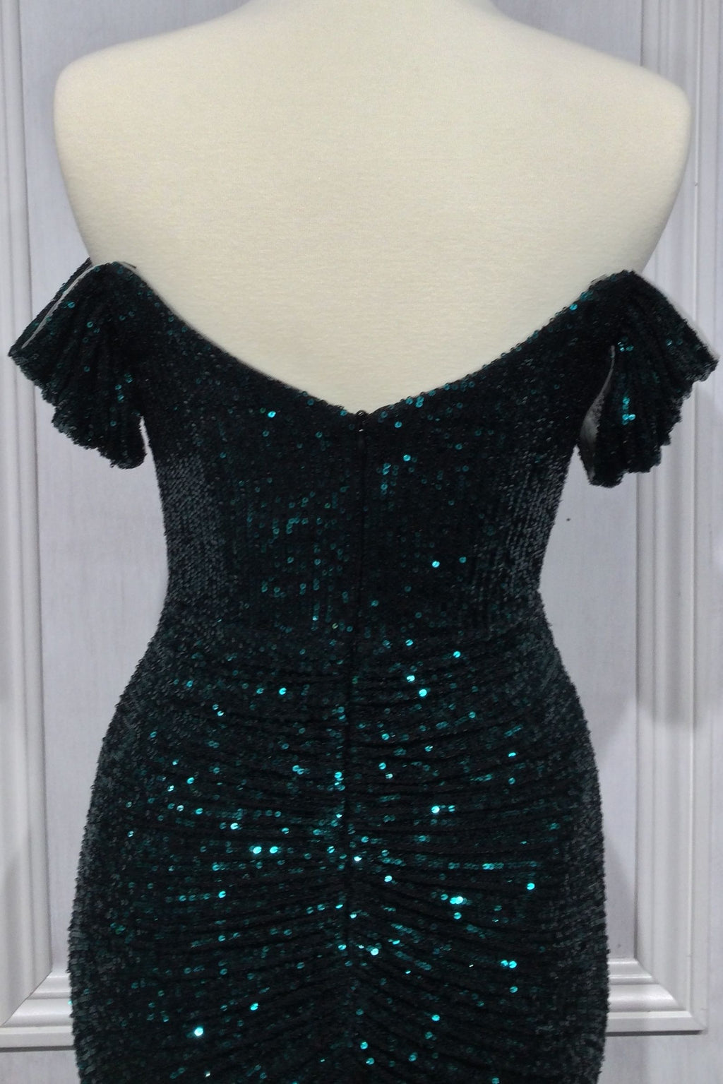 Black, Green, Blue Off-Shoulder Sequin Gown with Slit and Draped Neckline  CDCH144