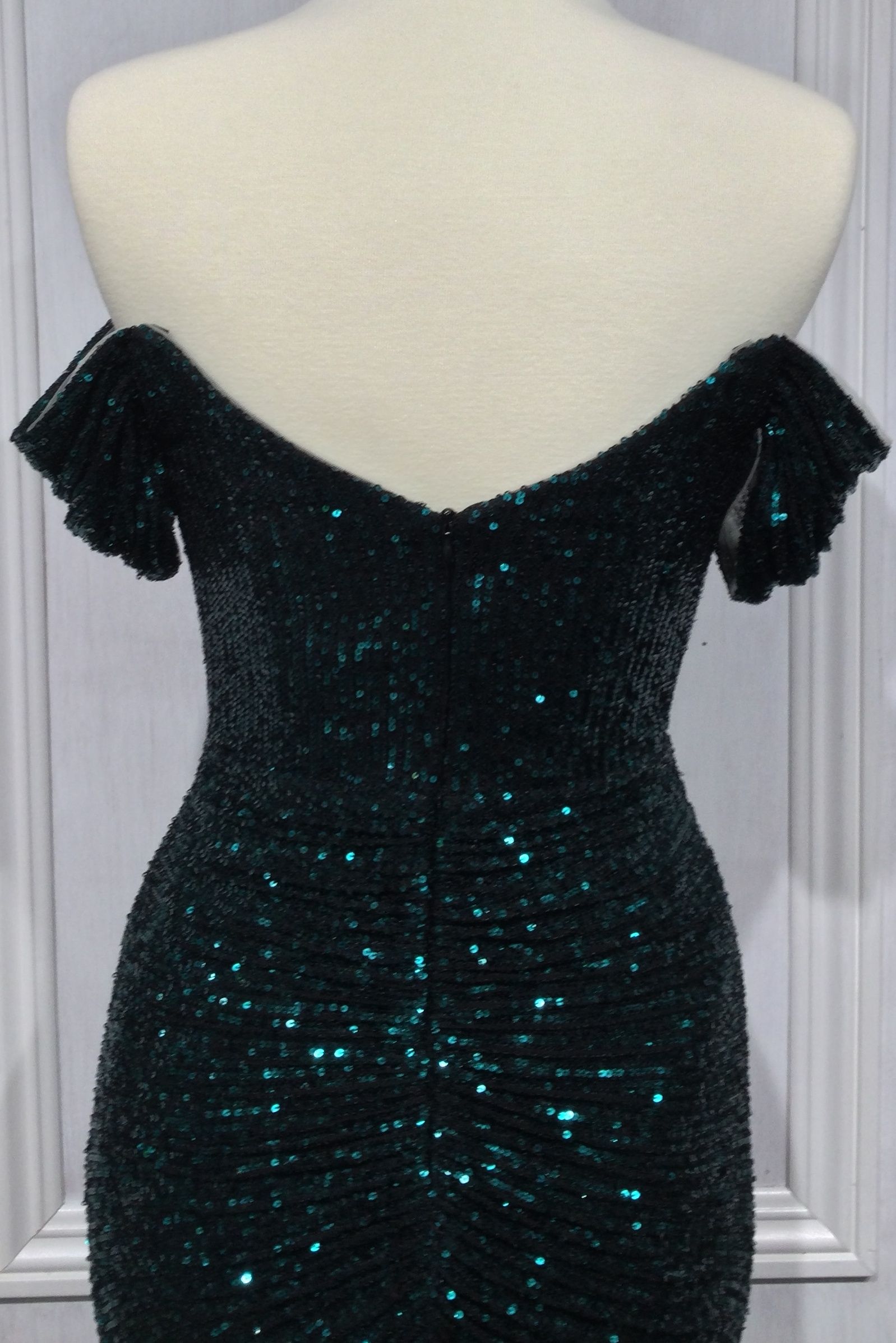 Black, Green, Blue Off-Shoulder Sequin Gown with Slit and Draped Neckline  CDCH144